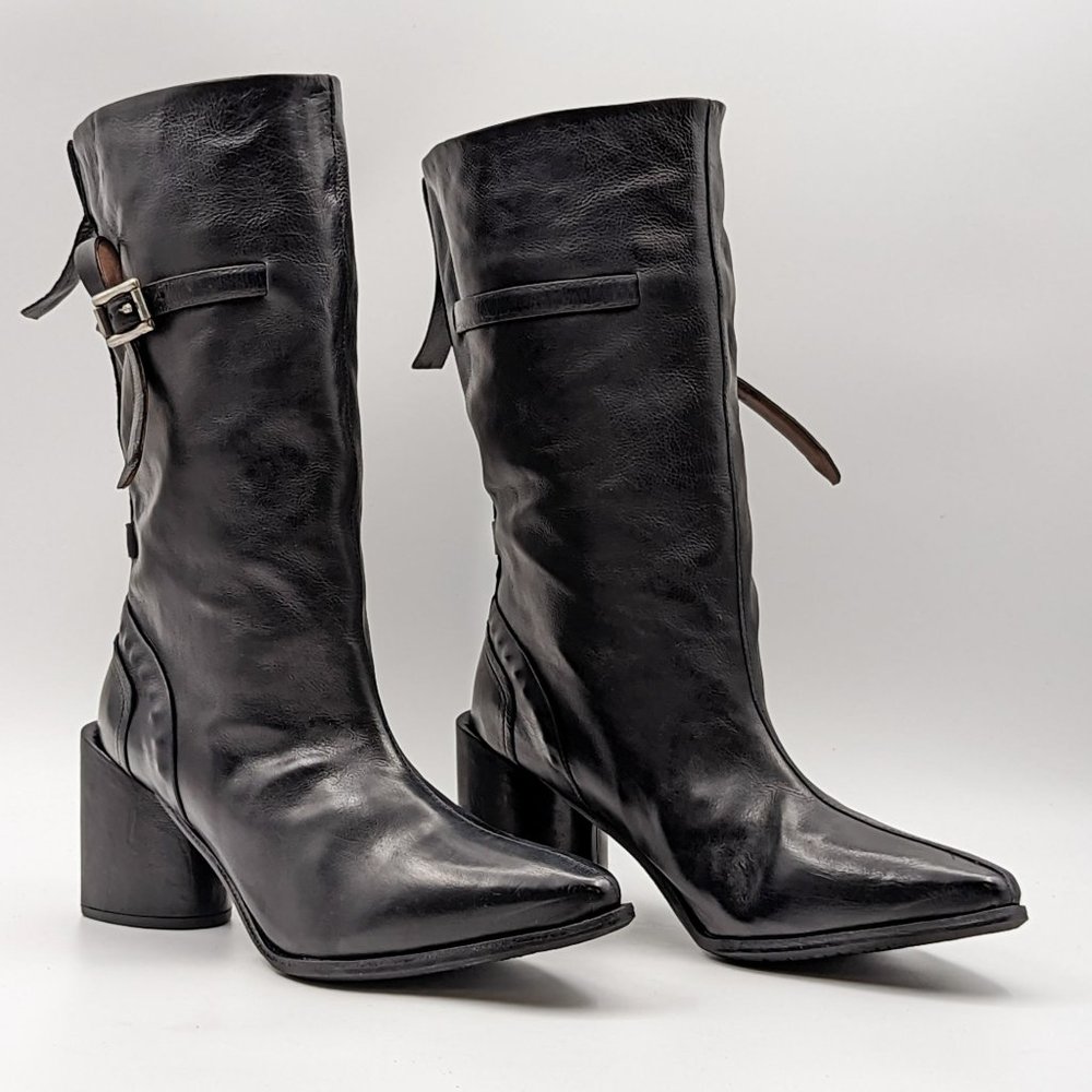 AS98 Women Ebby Black Leather Pointy toe Buckle Moto Boots size 9US EUR40